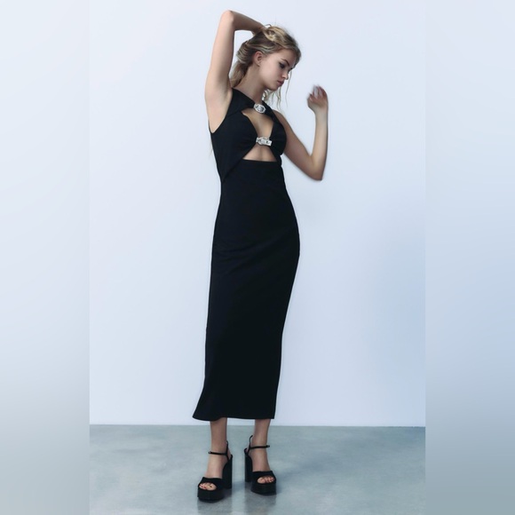 ZARA CUT OUT RHINESTONE MIDI DRESS SIZE L - Picture 6 of 13